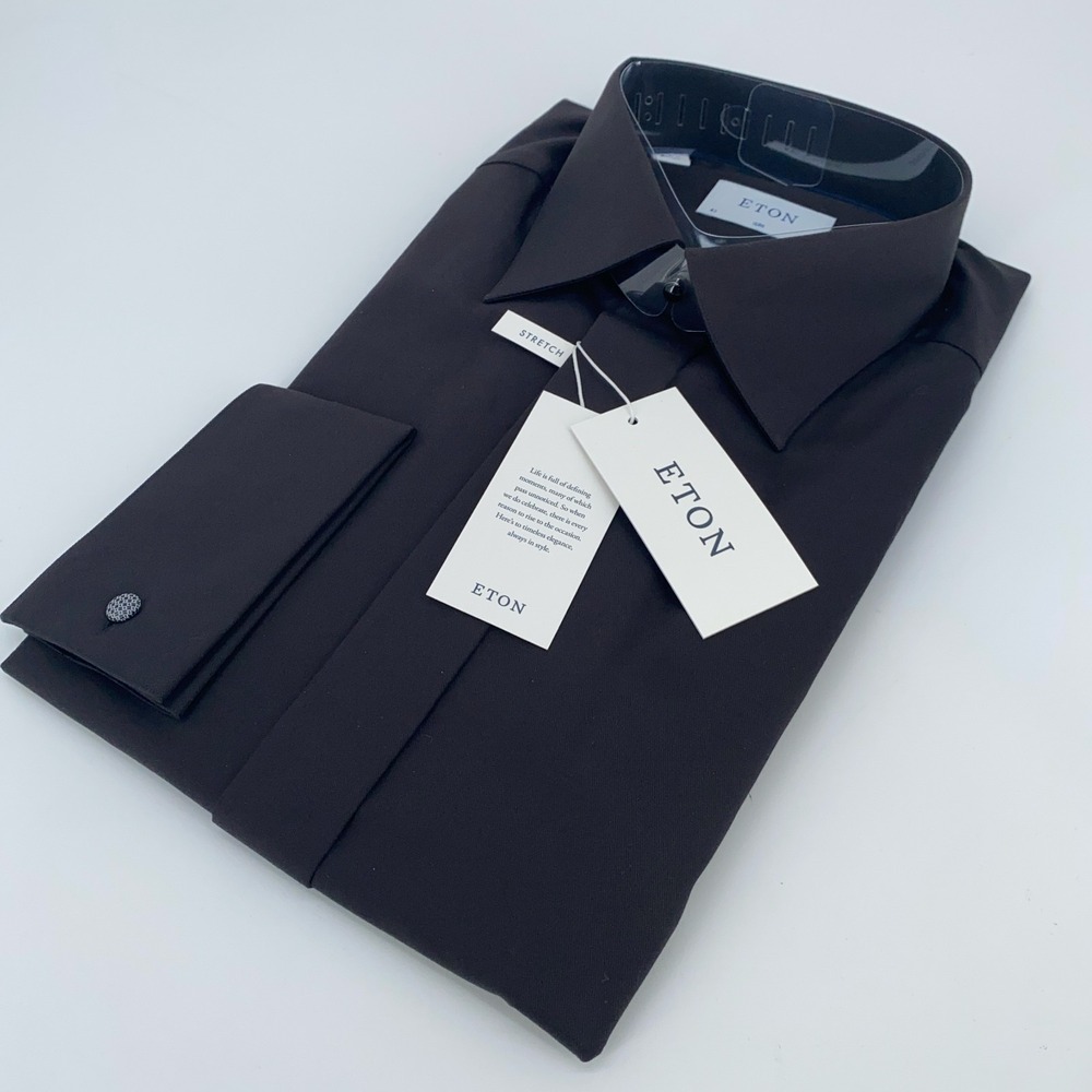 Eton Dress Shirt Men XL 17 - 43 Black Fine Twill Stretch Slim Collared Button Up
